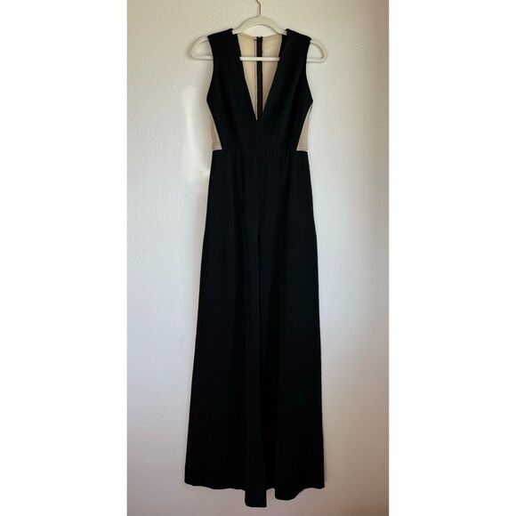 Alice + Olivia Londyn Sheer Panel V-Neck Sleeveless Wide Leg Jumpsuit in Black 2 - Picture 4 of 12